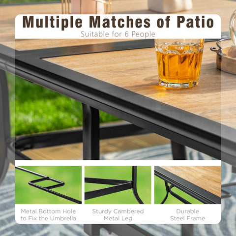 PHI VILLA Wood-look PVC Rectangle Steel Patio Dining Table