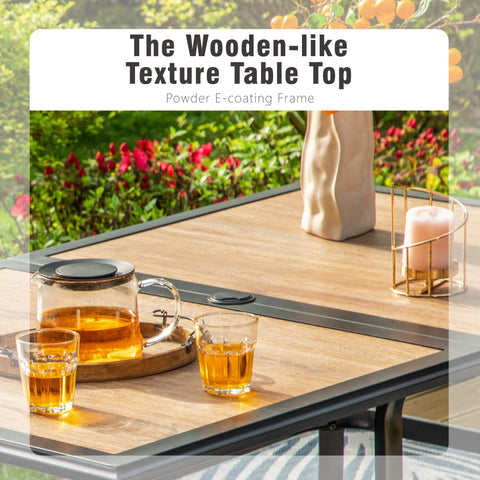 PHI VILLA Wood-look PVC Rectangle Steel Patio Dining Table