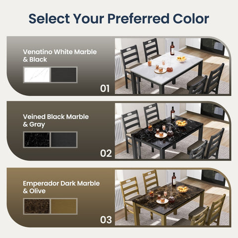 5-Piece Modern Farmhouse Dining Set with Faux Marble Tabletop & Rubber Wood Chairs- PHI VILLA