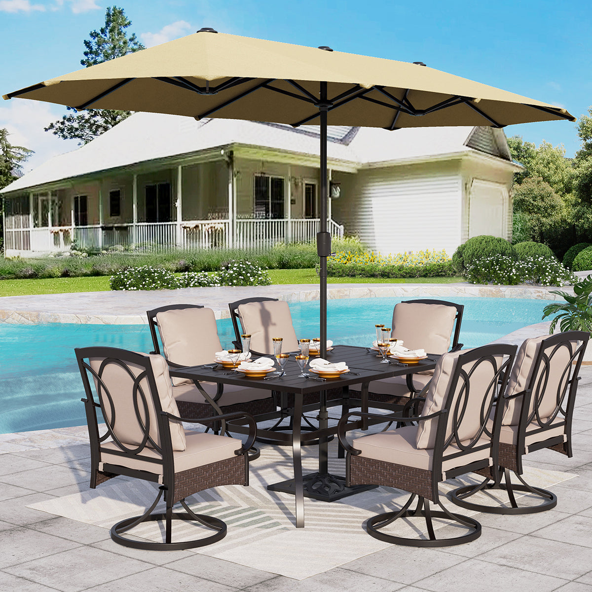 Sophia & William Luxurious Thick-Cushion Rattan-steel Swivel Chairs 7-Pcs Patio Dining Set