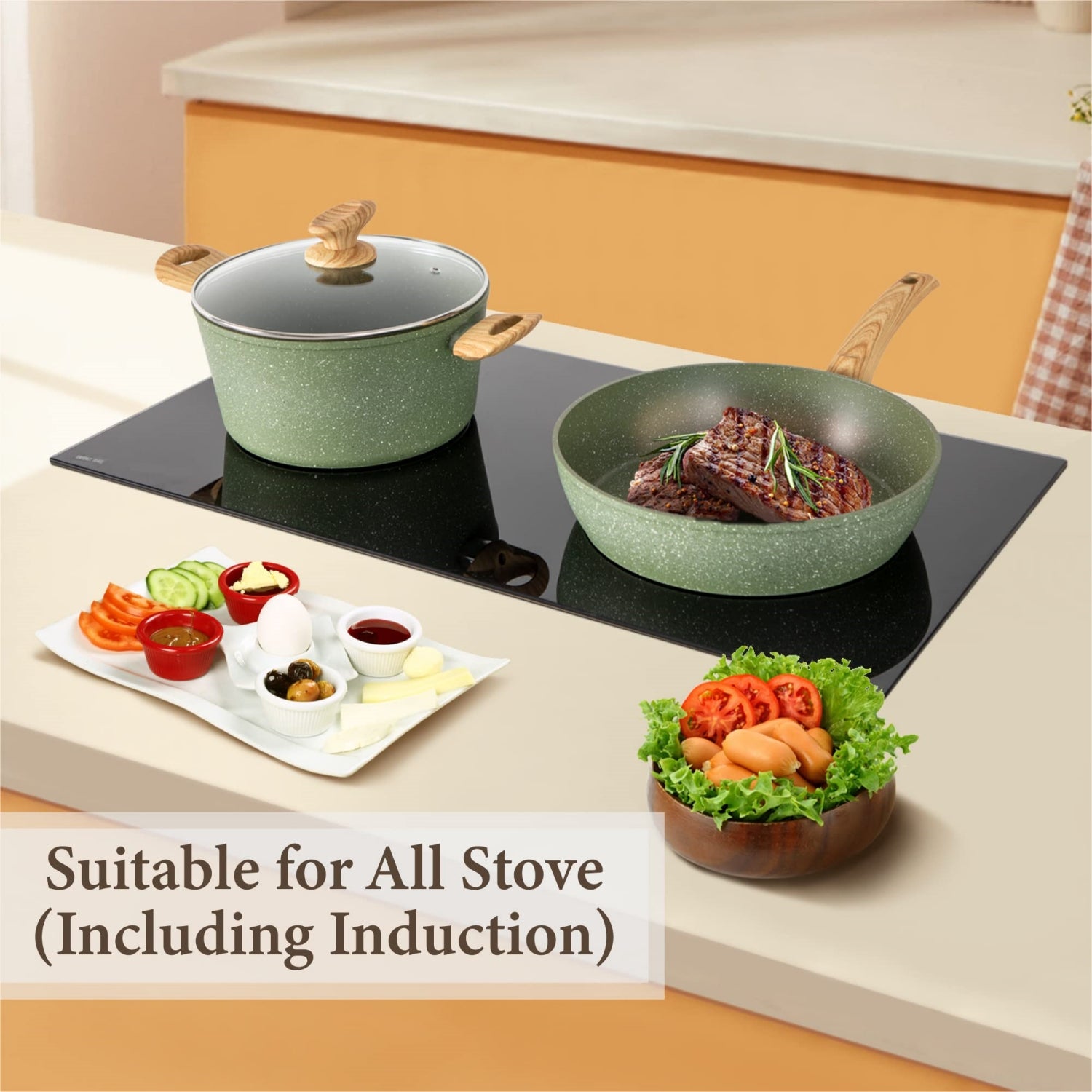 Kitchen Academy Stylish Granite-Coating Nonstick Induction 12 Pieces Cookware Set
