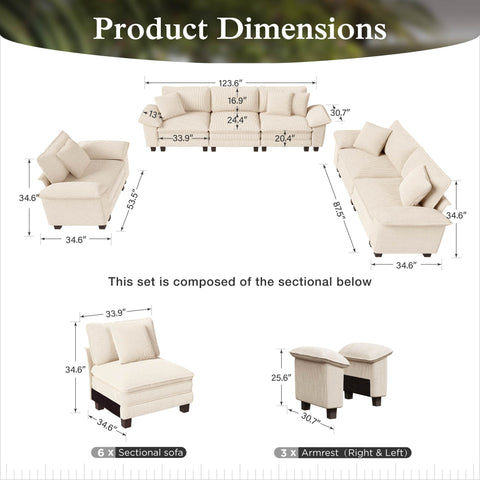 Modern Corduroy Sectional Cloud Sofa Set with Deep Seats for Living Room