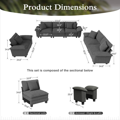 Modern Corduroy Sectional Cloud Sofa Set with Deep Seats for Living Room