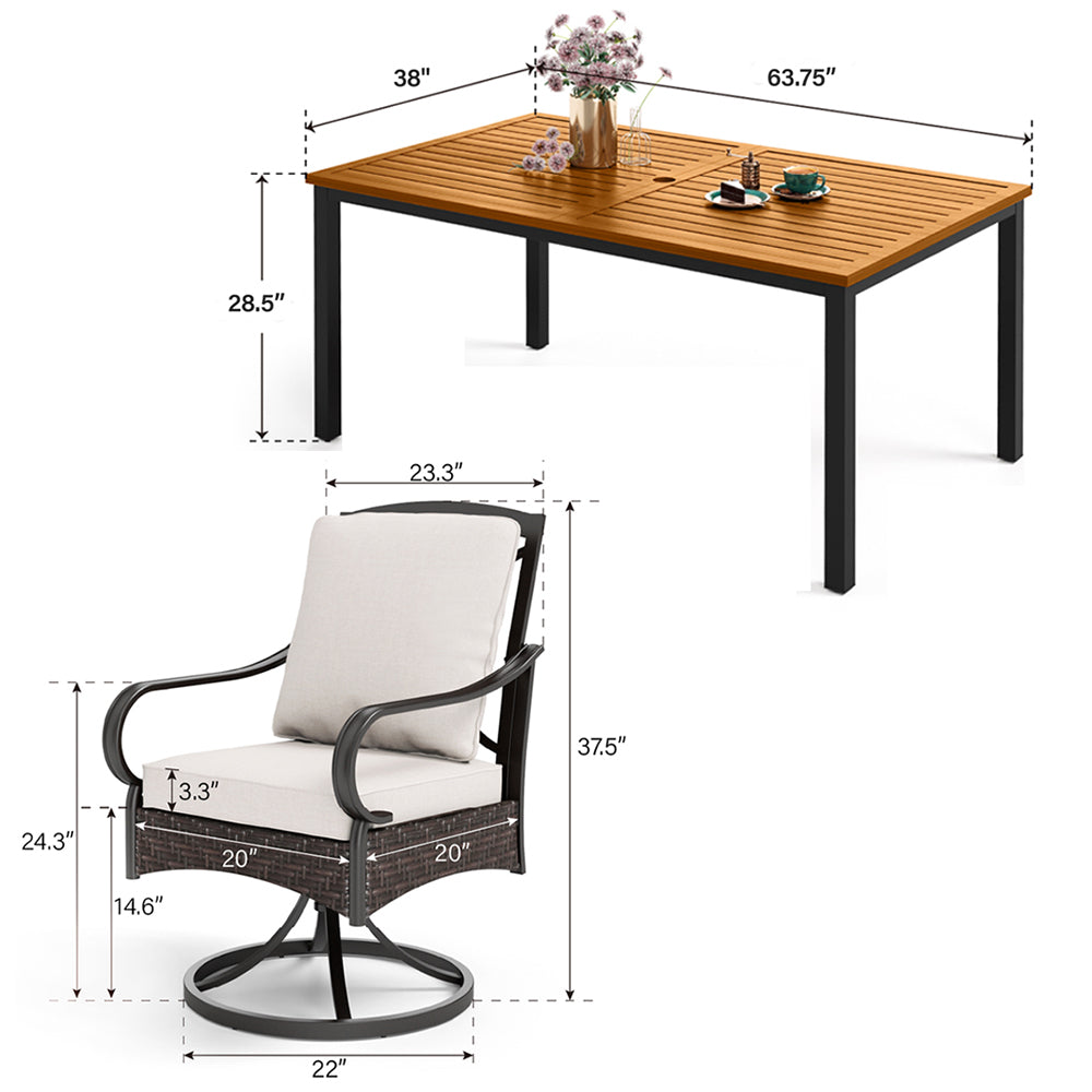 Sophia & William 7-Piece Large Teak-grain Table & Rattan-steel Cushion Swivel Chairs Patio Dining Sets