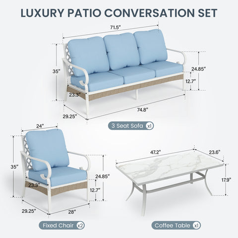 Phi Villa 5-Seater Porcelain White Enlarged Sofa Set for Backyard