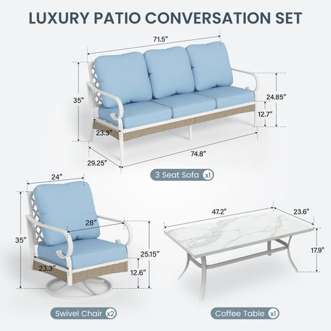 Phi Villa 5-Seater Porcelain White Enlarged Sofa Set for Backyard