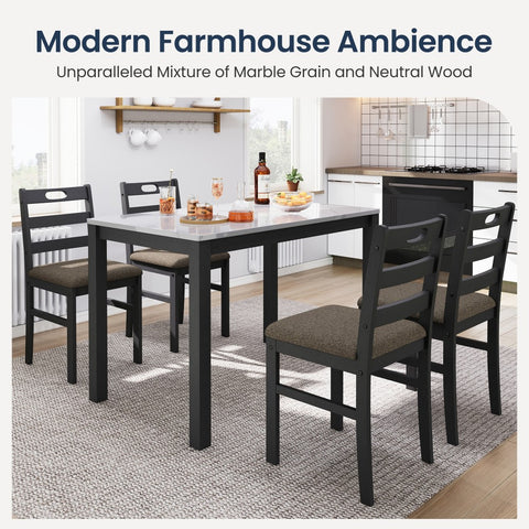 5-Piece Modern Farmhouse Dining Set with Faux Marble Tabletop & Rubber Wood Chairs- PHI VILLA