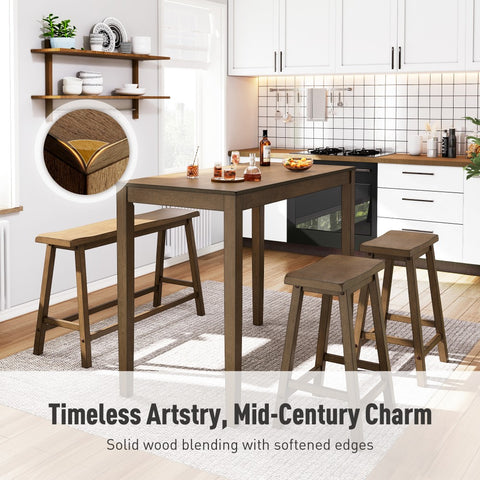 PHI VILLA 4-Piece Solid Wood Bar Table Set with Saddle Stools and Bench