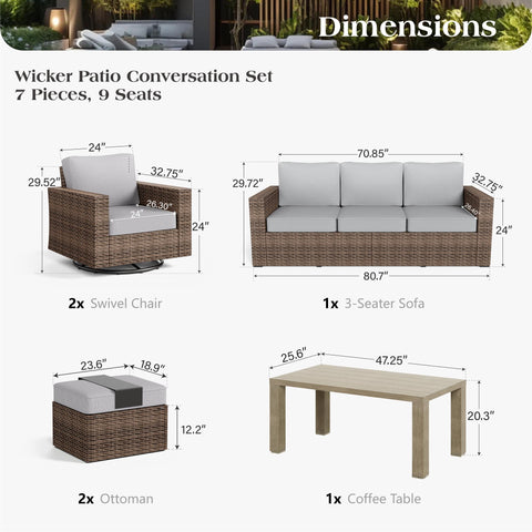 Phi Villa Luxury 5 Seats Wicker Patio Conversation Sofa Set with Swivel Chairs