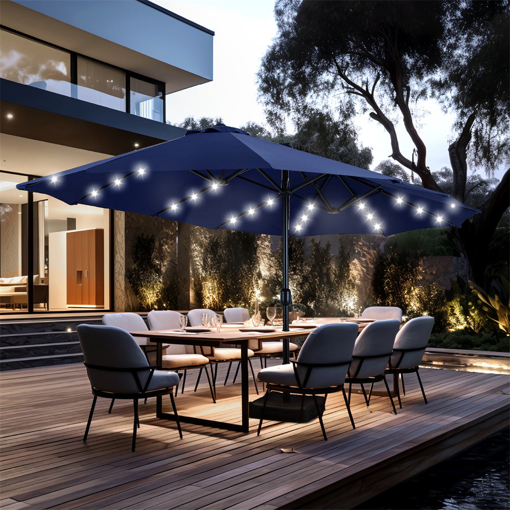 PHI VILLA 15ft Extra Large Double-Sided Patio Umbrella with Solar Powered LED Lights (Base Included)