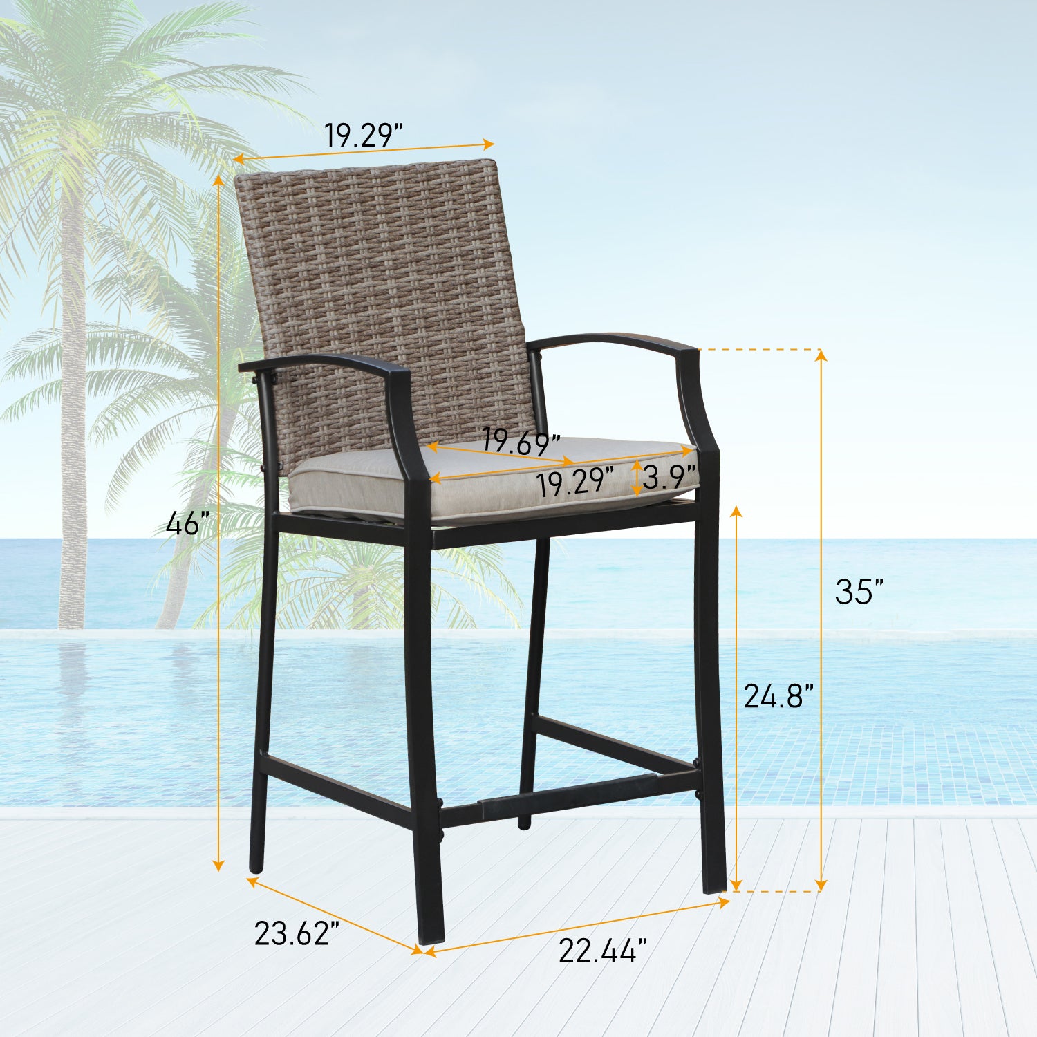 PHI VILLA Patio Bar Stool Set Rattan Chair Back Cushioned High Bar stool & Geometrically Stamped High Table