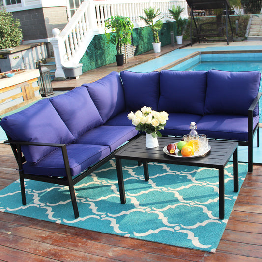 MFSTUDIO 5 Seater L-Shaped Metal Sectional Conversation Set with Water-Repellent Cushions & Coffee Table
