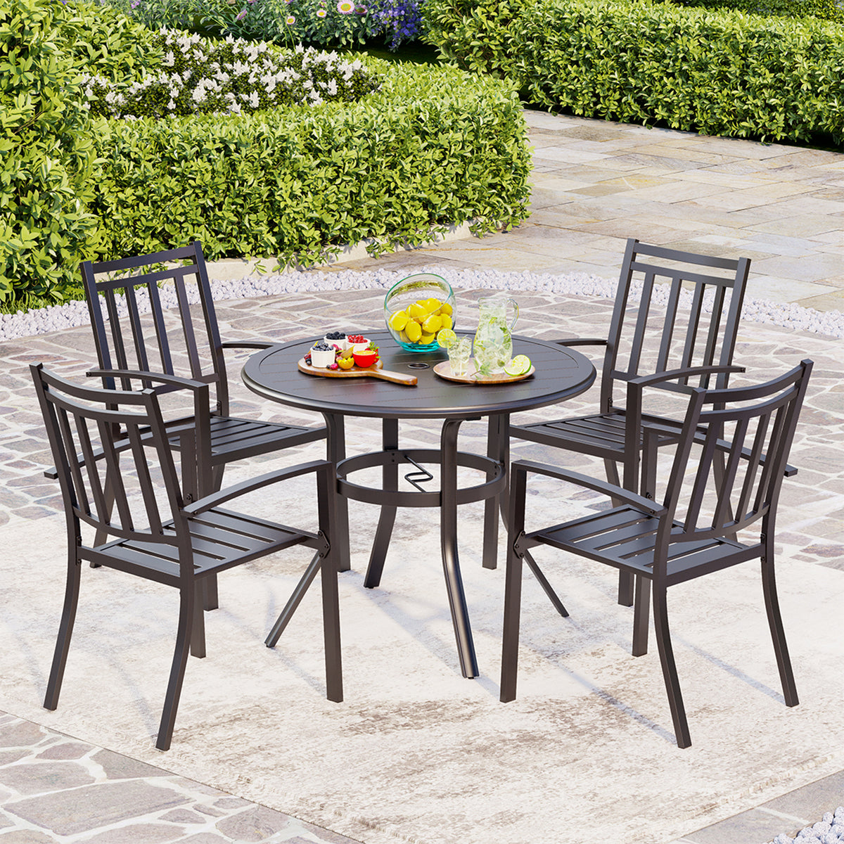 PHI VILLA 5-Piece Round Table & Stackable Chairs Outdoor Patio Dining Set