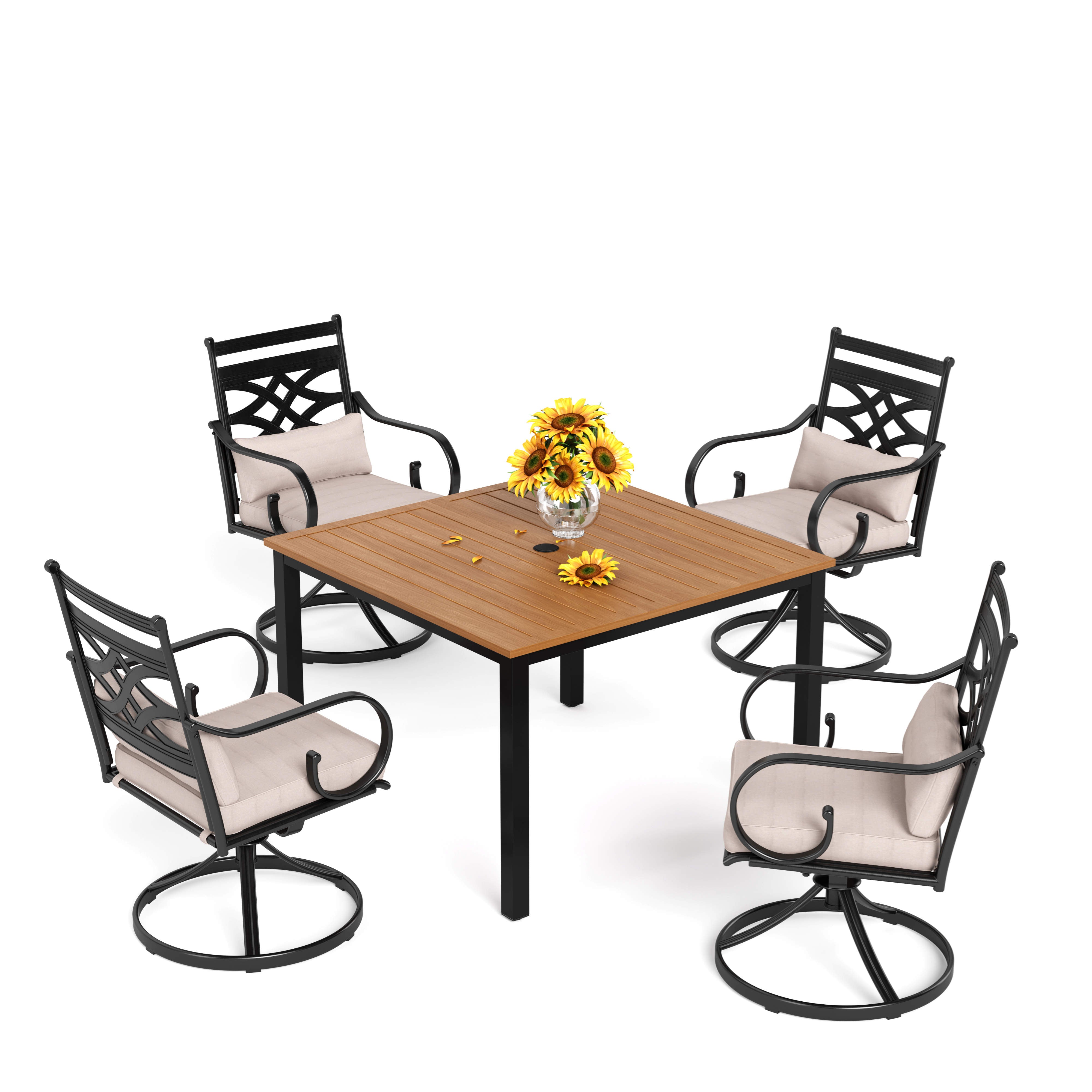 MFSTUDIO 5-Piece Patio Dining Set Teak-grain Table Cast-iron Pattern Fixed Chairs