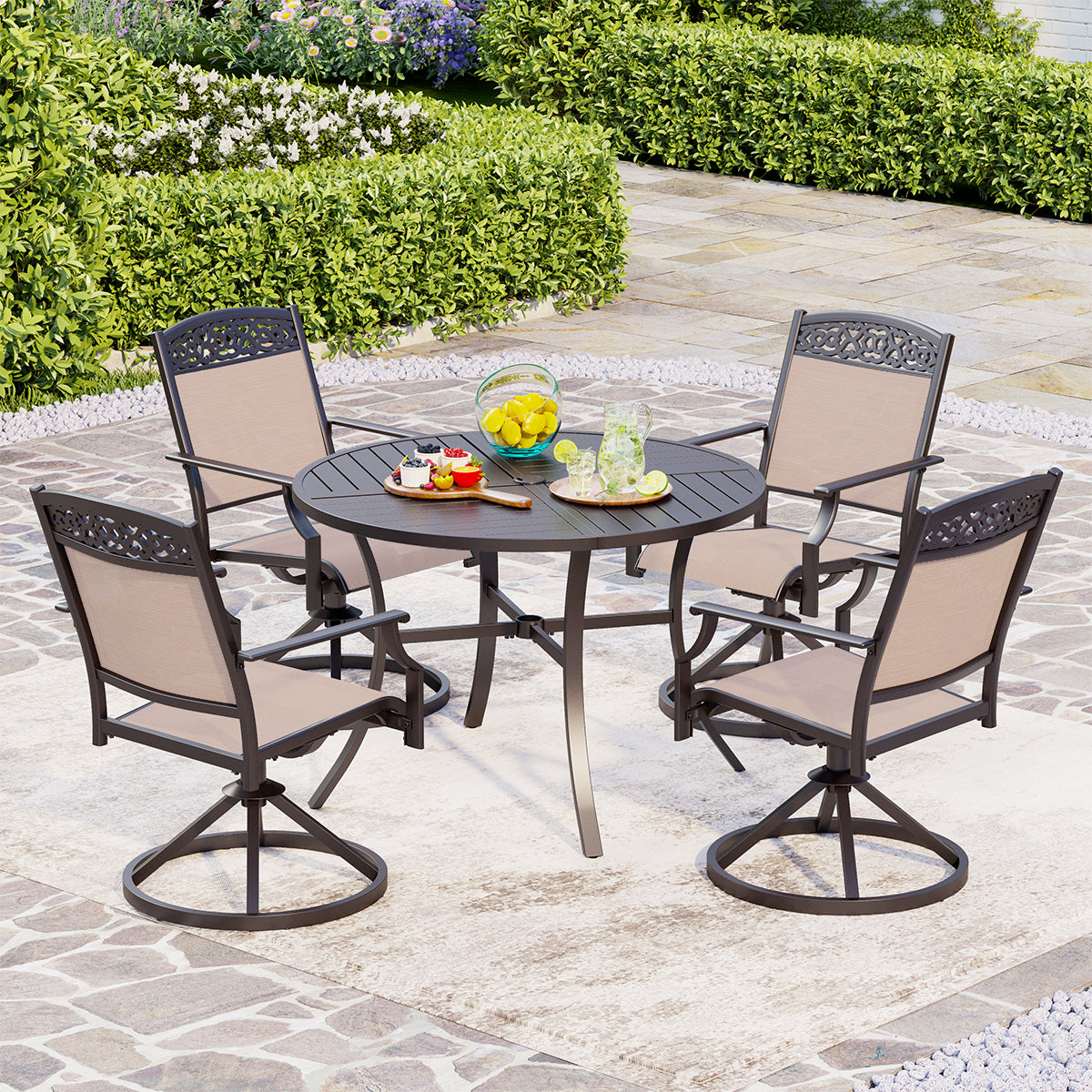 Sophia & William 5-Piece Geometrically Stamped Round Table & Cast Aluminum Pattern Textilene Dining Chairs Dining Chairs Outdoor Dining Set