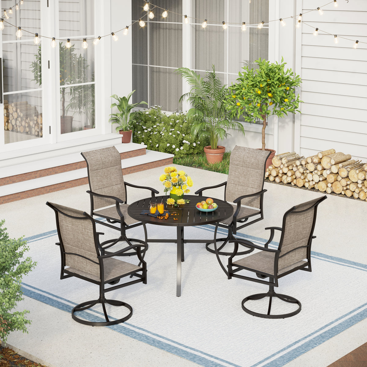 PHI VILLA 5/7-Piece Outdoor Patio Dining Set with Round Table and High Back Textilene Swivel Chair