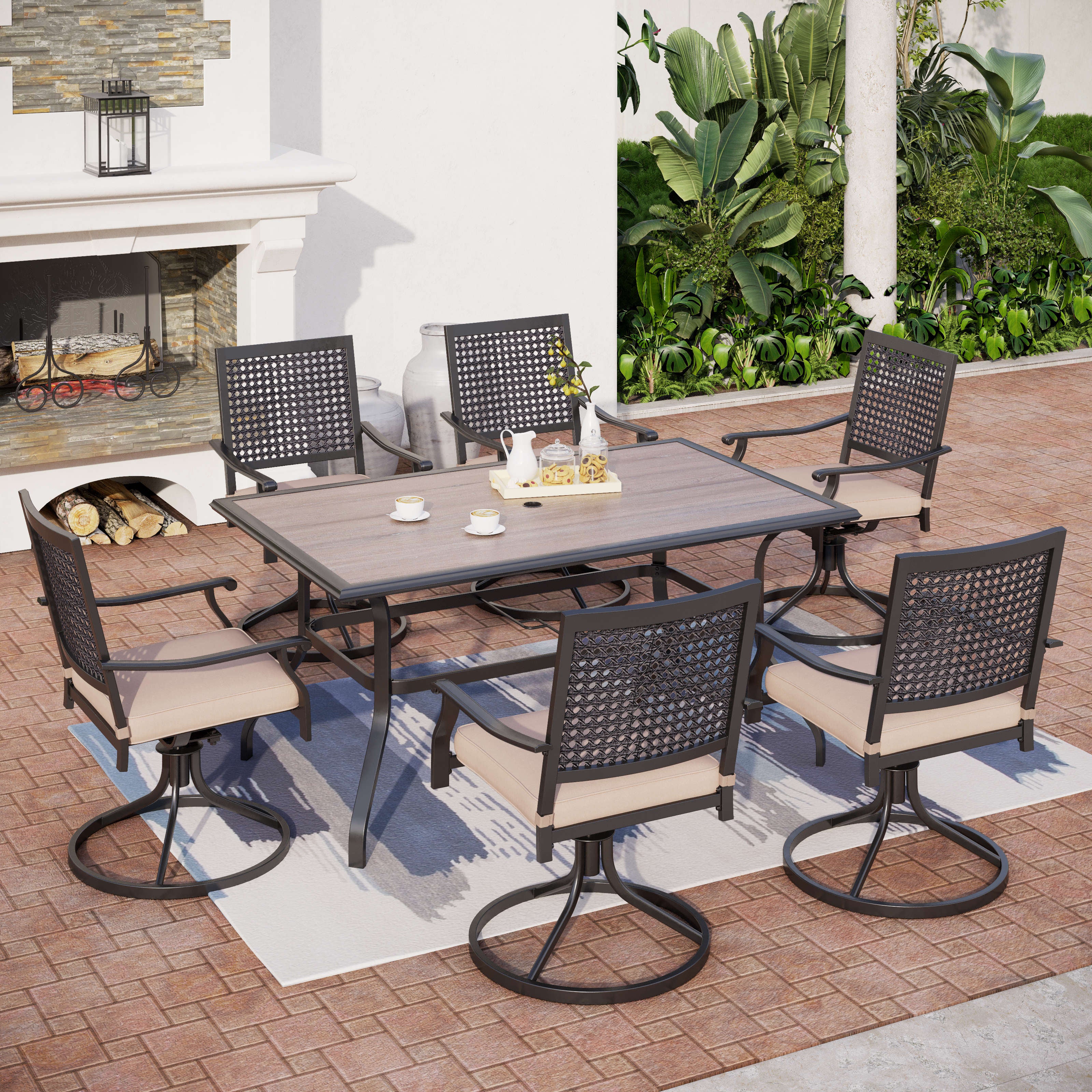 MFSTUDIO 7-Piece Outdoor Dining Set Wood-look Table & Bull's Eye Pattern Dining Chairs