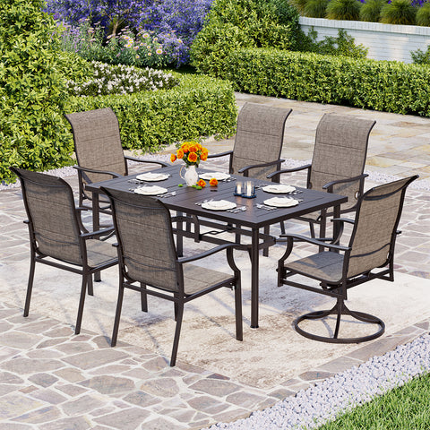 PHI VILLA 7-Piece Patio Dining Set Geometrically Stamped Table & High-back Padded Textilene Chairs