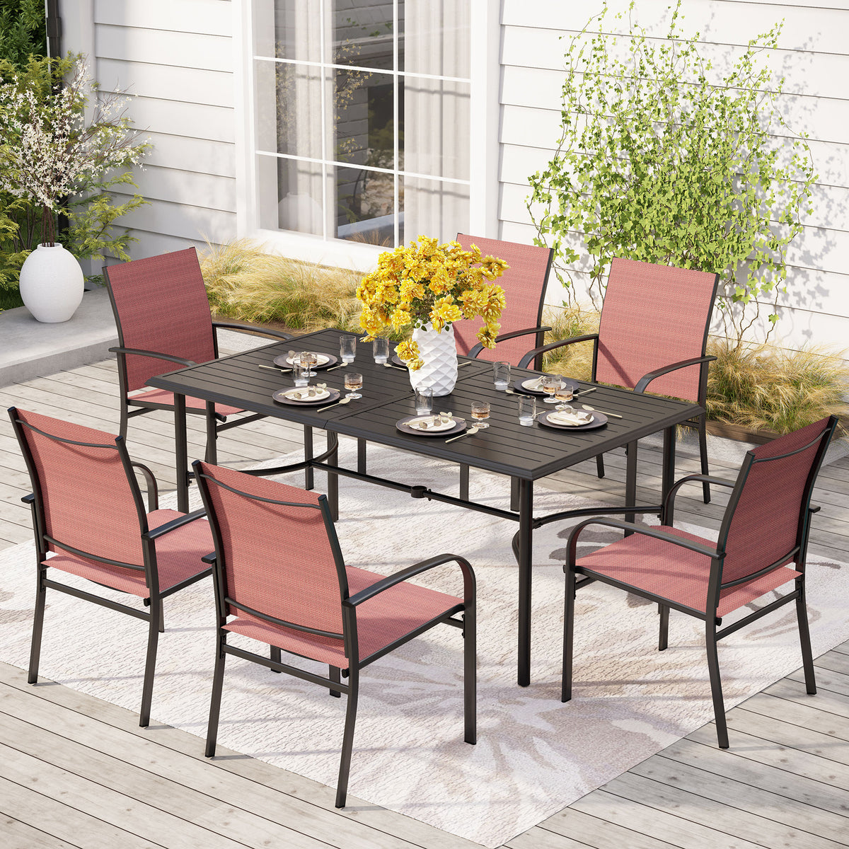 MFSTUDIO 7-Piece Patio Dining Set Embossed Table & Textilene Fixed Chairs