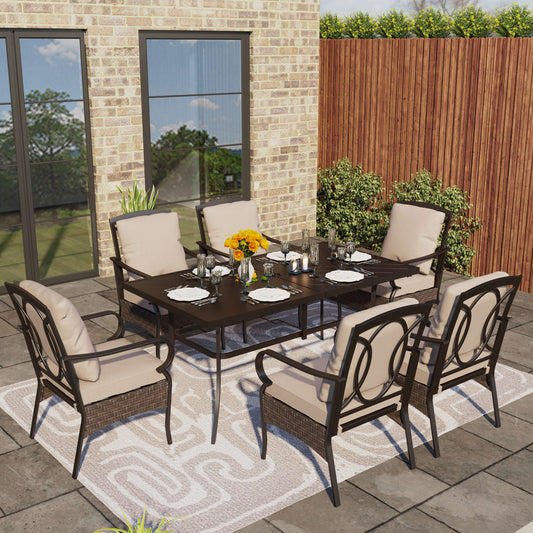 PHI VILLA 7-Piece Embossed Table & Rattan-steel Cushioned Chairs Patio Dining Sets