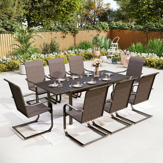expandable table set of 9 for backyard with rattan spring chairs