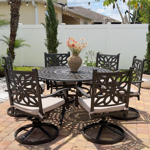 Sophia & William 7-Piece Cast Aluminum Patio Dining Set Round Table & Flower Back Chairs