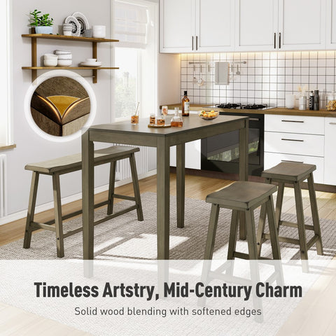 PHI VILLA 4-Piece Solid Wood Bar Table Set with Saddle Stools and Bench