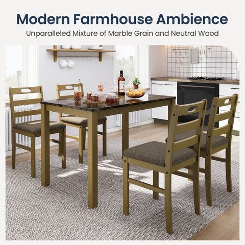5-Piece Modern Farmhouse Dining Set with Faux Marble Tabletop & Rubber Wood Chairs- PHI VILLA