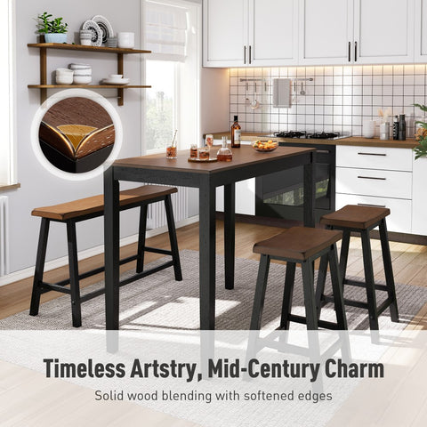 PHI VILLA 4-Piece Solid Wood Bar Table Set with Saddle Stools and Bench