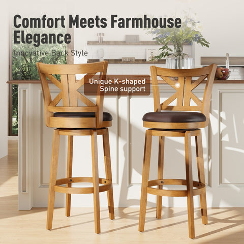 PHI VILLA 360° Swivel Farmhouse Wood Bar Stools with Patented K-Shaped Back