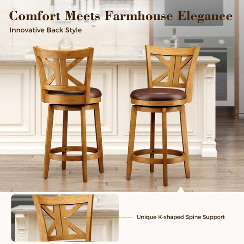 PHI VILLA 360° Swivel Farmhouse Wood Bar Stools with Patented K-Shaped Back