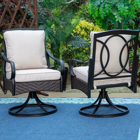 2-Piece Rattan-steel Cushioned Patio Dining Swivel Chairs