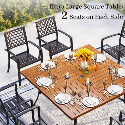 PHI VILLA 9-Pcs Patio Dining Set Teak-grain Square Table & Rattan Dining Chairs