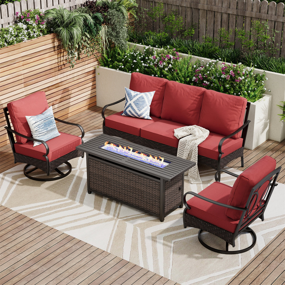 Sophia & William 5-Seater Rattan-steel Luxurious Outdoor Sofa Set with 56" Fire Pit Table