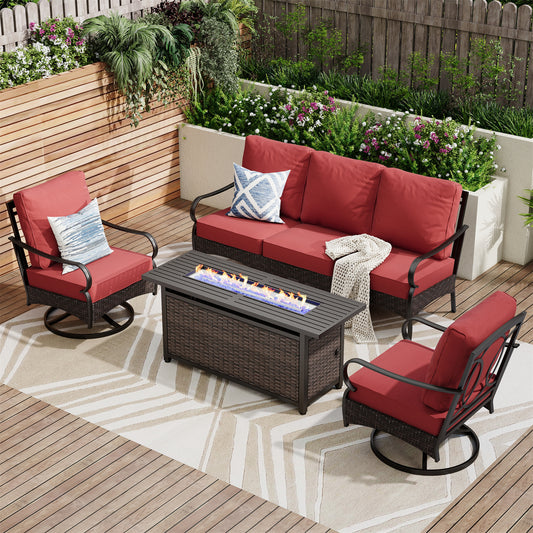 Sophia & William 5-Seater Rattan-steel Luxurious Outdoor Sofa Set with 56" Fire Pit Table