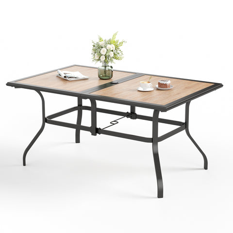 PHI VILLA Wood-look PVC Rectangle Steel Patio Dining Table