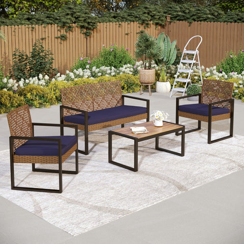 PHI VILLA 4-Piece Contemporary Rattan-wood Patio Conversation Set