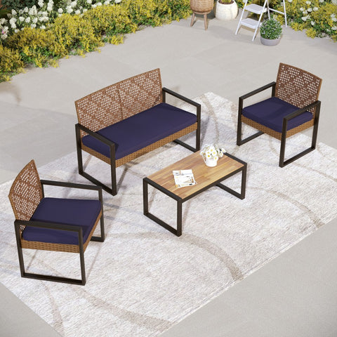 PHI VILLA 4-Piece Contemporary Rattan-wood Patio Conversation Set