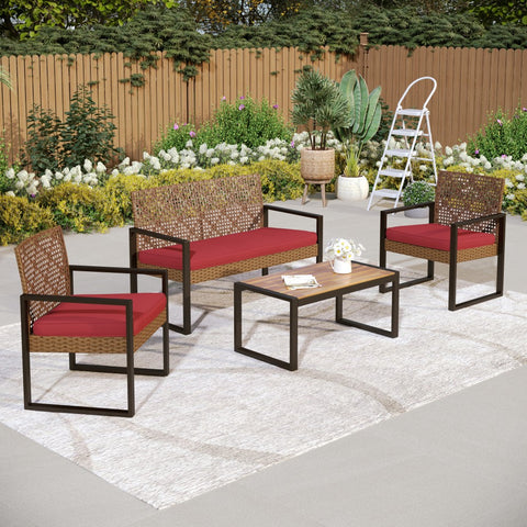 PHI VILLA 4-Piece Contemporary Rattan-wood Patio Conversation Set