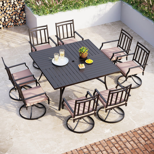 PHI VILLA 9-Piece Extra-large Square Table & Pattern Swivel Chairs Patio Dining Set
