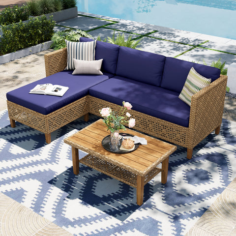 Boho Style Outdoor Wicker Conversation Sofa set with Acacia Wood Coffee Table - Sophia & William