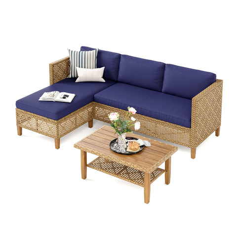 Boho Style Outdoor Wicker Conversation Sofa set with Acacia Wood Coffee Table - Sophia & William