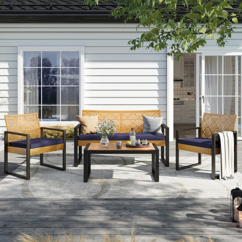PHI VILLA 4-Piece Contemporary Rattan-wood Patio Conversation Set