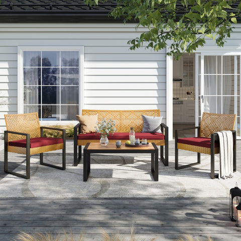 PHI VILLA 4-Piece Contemporary Rattan-wood Patio Conversation Set