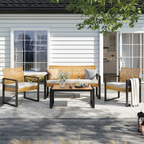 PHI VILLA 4-Piece Contemporary Rattan-wood Patio Conversation Set