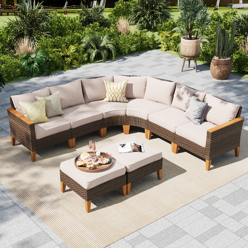 8-Piece Rattan Half-Moon Curved Luxury Outdoor Sofa Sectional-Beige