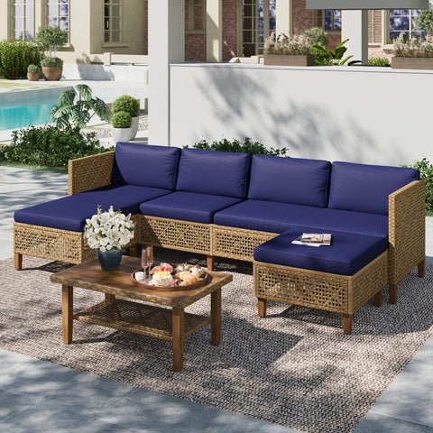 Boho Style Outdoor Wicker Conversation Sofa set with Acacia Wood Coffee Table - Sophia & William