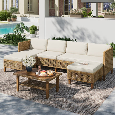 Boho Style Outdoor Wicker Conversation Sofa set with Acacia Wood Coffee Table - Sophia & William