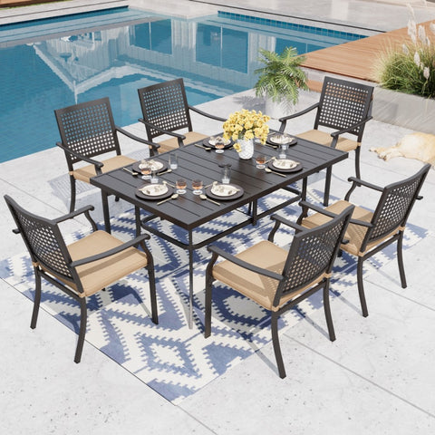 MFSTUDIO 7-Piece Outdoor Dining Set Steel Panel Table & Bull's Eye Pattern Dining Chairs