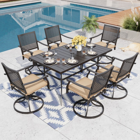 MFSTUDIO 7-Piece Outdoor Dining Set Steel Panel Table & Bull's Eye Pattern Dining Chairs